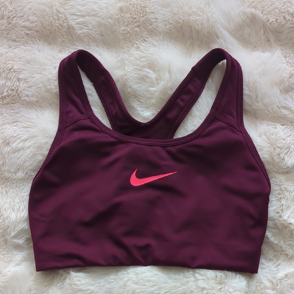 Nike Women's Deep Burgundy Sports Bra with Pink Swoosh